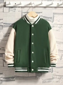 SHEIN Tween Boy Letter & Figure Graphic Two Tone Drop Shoulder Varsity Jacket Without Tee - Multicolor - View 3