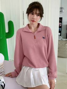 DAZY Embroidery Drop Shoulder Polo Neck Sweatshirt,Long Sleeve Tops,Fall Clothes - Pink - View 3