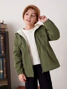 SHEIN Tween Boy 防水面料保暖内衬拉链闭合松紧腰带帽夹克，适合秋冬季 - 軍綠色 - 查看 2