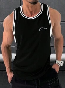 Manfinity Homme Hombres Top tank con estampado de letra ribete de rayas - Negro - Ver 1