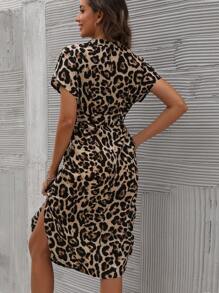 SHEIN LUNE Leopard Print Belted Notched Neckline Curved Hem Dress,Summer Dresses For Women - Multicolor - View 2