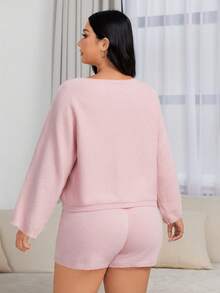 SHEIN MOD Plus Floral Pattern Batwing Sleeve Sweater & Knit Shorts - Baby Pink - View 2