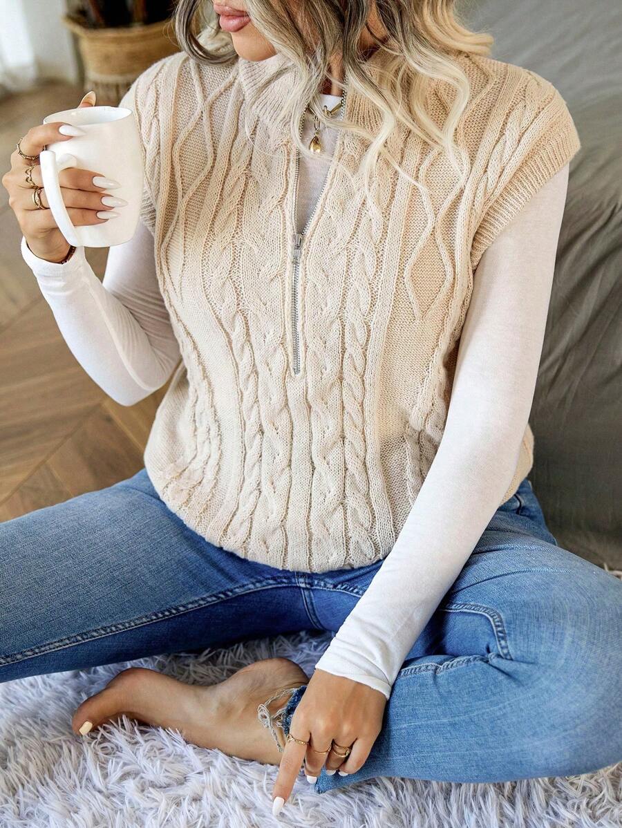 Calvaya 大碼1入組麻花編織前拉鍊毛衣背心 - 杏色 - 查看 1