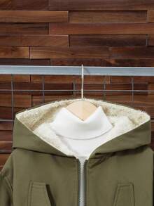 SHEIN Tween Boy 防水面料保暖内衬拉链闭合松紧腰带帽夹克，适合秋冬季 - 軍綠色 - 查看 3