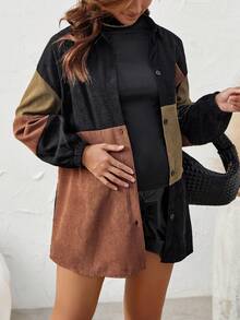 SHEIN Maternity Color Block Drop Shoulder Corduroy Coat - Black - View 2