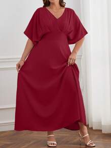 SHEIN Privé Plus Solid Batwing Sleeve A-line Dress - Red - View 3