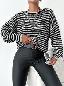 EURMUSE Striped Pattern Drop Shoulder Sweater - Black and White - View 4