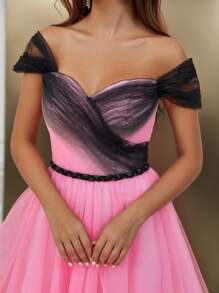 SHEIN Belle Off Shoulder Mesh Formal Dress - Pink - View 5