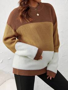 SHEIN 孕婦撞色落肩袖套頭毛衣 - 彩色 - 查看 4