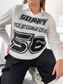 Flirla Talla grande Chaleco de punto con patrón de letra sin camisa