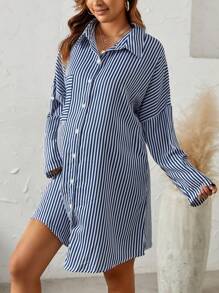 SHEIN 孕婦條紋印花落肩袖襯衫洋裝 - 藍白色 - 查看 4