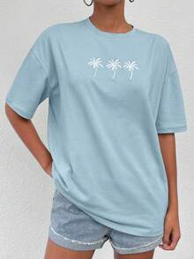 Cottnline Coconut Tree Embroidery Drop Shoulder Tee - Blue - View 4
