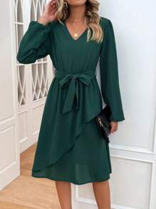 Chiquease Solid Wrap Hem Belted Dress