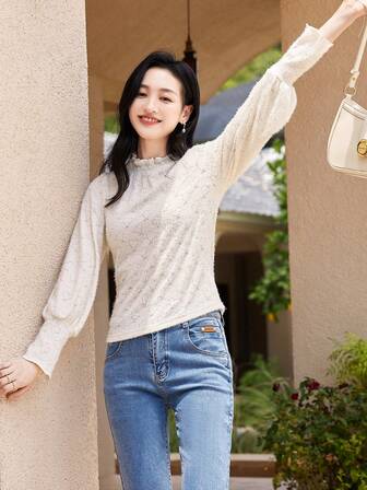 休閒褶皺邊純色女士T恤