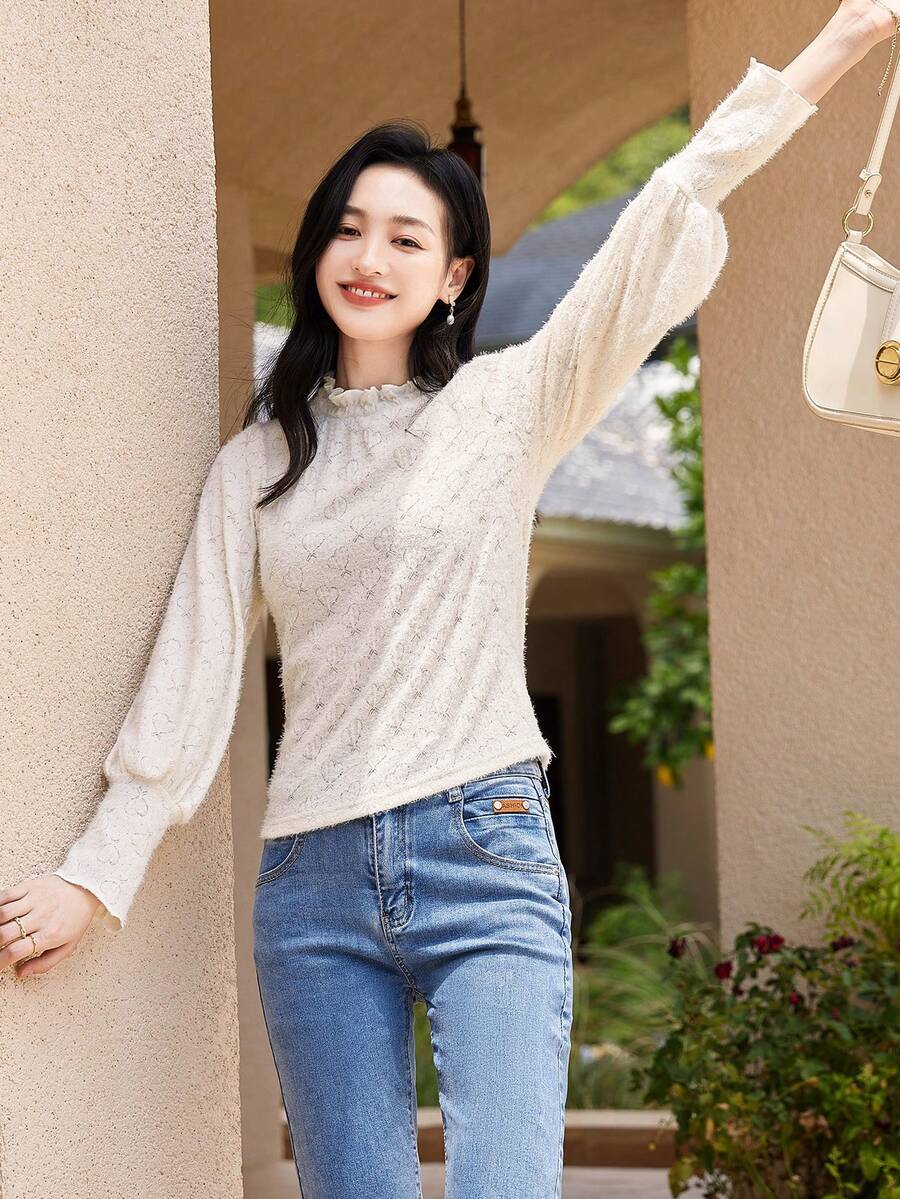 休閒褶皺邊純色女士T恤