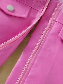 SHEIN Young Girl Fuzzy Trim Flap Detail PU Leather Jacket - Pink - View 4