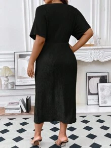 SHEIN Unity Plus Twist Front Split Thigh Dress Maxi Women Outfit - Black - View 2