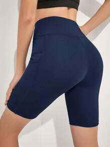 SHEIN Sports Quần short thể thao cạp rộng có túi đựng điện thoại bên hông Quần short màu xanh Quần short thể thao nữ, Quần short tập gym, Quần short đi xe đạp - Màu xanh hải quân - Xem 2