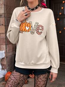 PUNK Sweat-shirt Lettre Et Imprimé Citrouille Épaule tombante