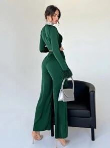 Aloruh 前扭結毛茸茸袖口短款上衣&闊腿褲 - 墨綠色 - 查看 2