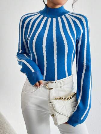SHEIN Privé Striped Pattern Raglan Sleeve Sweater