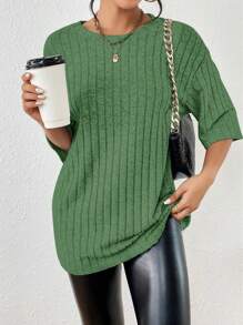 SHEIN Essnce Drop Shoulder Ribbed Knit Tee - Green - View 4