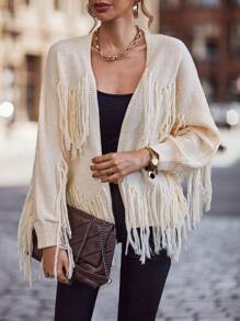 SHEIN Essnce Viền rìa tay cánh Áo len Duster - Màu be - Xem 1