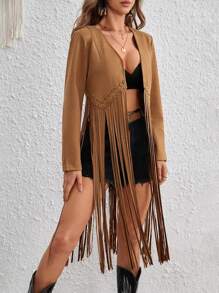 SHEIN VCAY Open Front Fringe Hem Coat - Camel - View 4