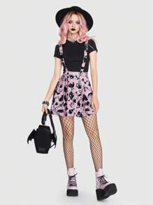 ROMWE Goth 滿版印花背帶百褶半身裙 - 粉色 - 查看 1