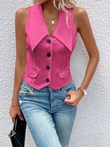 SHEIN Privé Solid Button Front Vest Blazer - Hot Pink - View 1