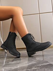 1 双女式复古系带侧拉链踝靴，休闲舒适拉链户外靴 - 女士时尚百搭系带中筒靴，度假的完美搭配