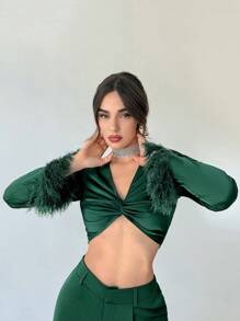 Aloruh 前扭結毛茸茸袖口短款上衣&闊腿褲 - 墨綠色 - 查看 5