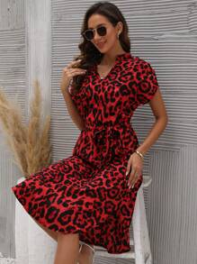 SHEIN LUNE Leopard Print Notched Neckline Batwing Sleeve Belted Dress - Red - View 3