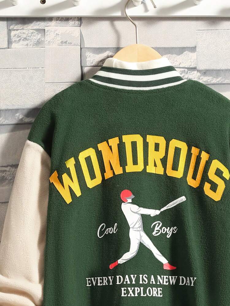 Tween Boy Letter & Figure Graphic Two Tone Drop Shoulder Varsity Jacket Without Tee