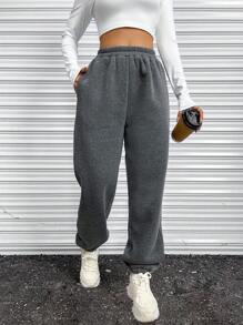 SHEIN Unity Quần nỉ thể thao cạp chun màu trơn thường ngày cho nữ - Màu xám đen - Xem 5