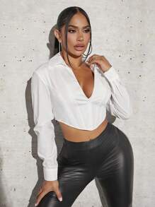 SHEIN SXY Solid Crop Shirt new years eve outfit
party outfit 
sexy outfit - White - View 1