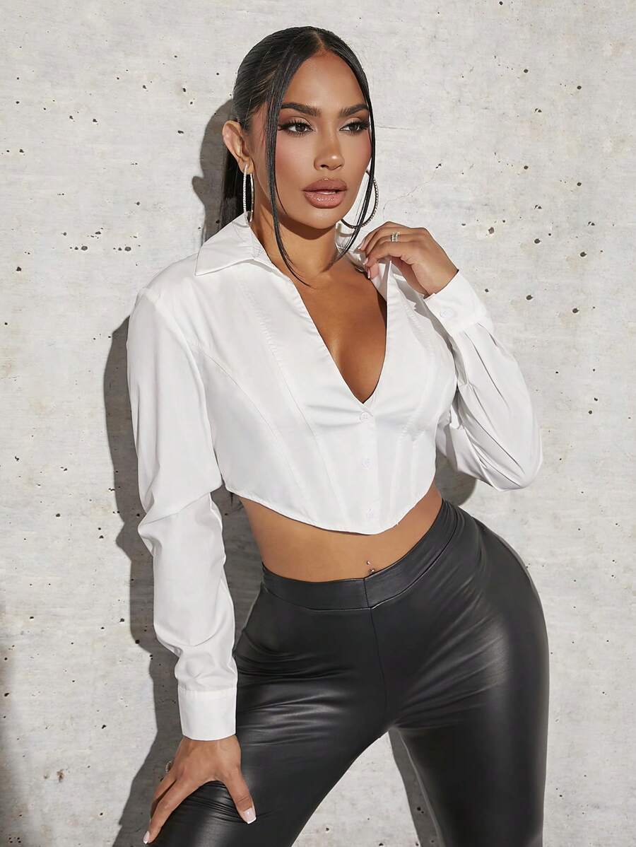 SHEIN SXY Solid Crop Shirt new years eve outfit
party outfit 
sexy outfit - White - View 1