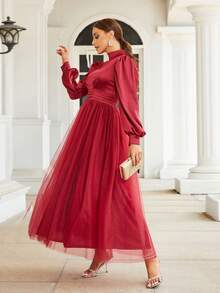 Missord Zabudowany dekolt Rękaw latarnia Sukienka z siateczki - Burgund - Zobacz 4