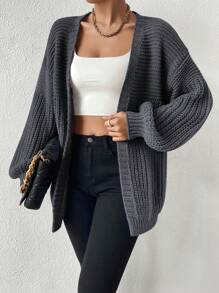 EMERY ROSE Drop Shoulder Casual Design Cardigan,Long Sleeve Tops Fall Winter Cloth For Women - Grey - View 3