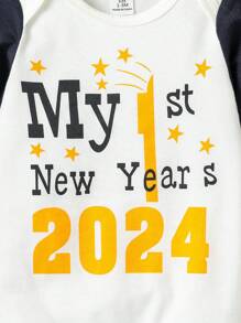 女嬰標語圖案拼接邊連身褲&帽 - 彩色 - 查看 3