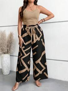SHEIN Clasi Plus Size Boho Cami Top & Geo Print Paperbag Waist Belted Wide Leg Pants, For Summer - Khaki - View 1