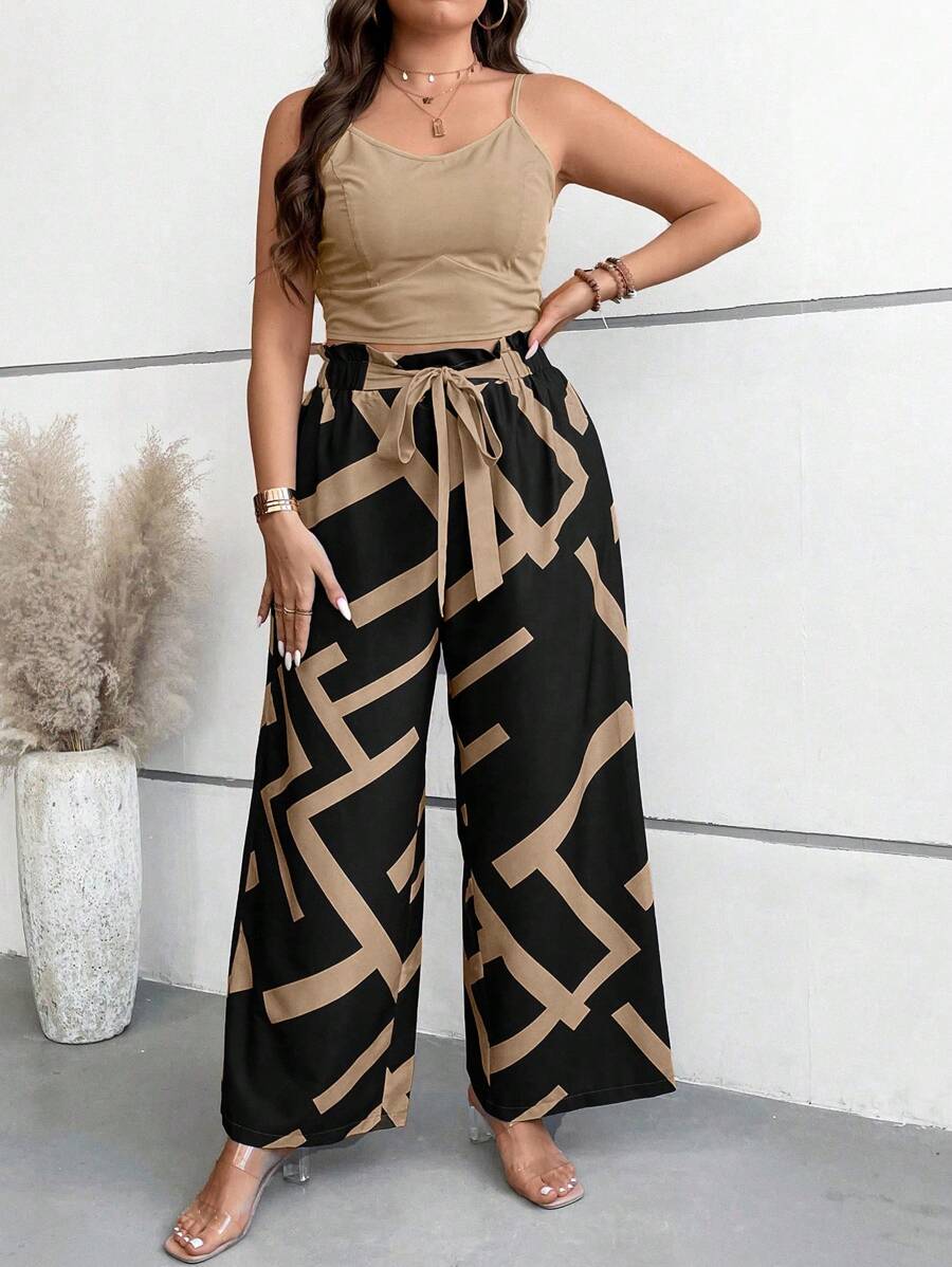 SHEIN Clasi Plus Size Boho Cami Top & Geo Print Paperbag Waist Belted Wide Leg Pants, For Summer - Khaki - View 1