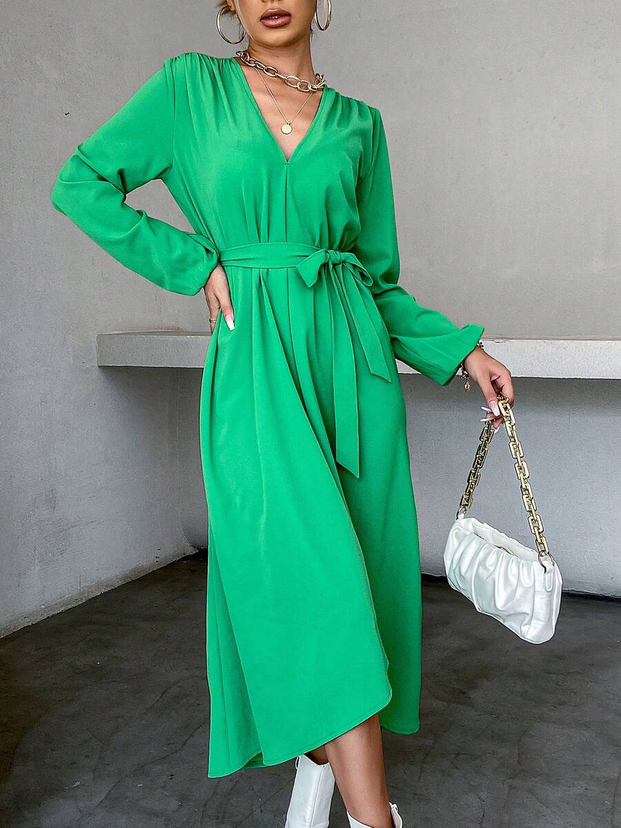 Solid Belted V Neck Dress - Green - View 1