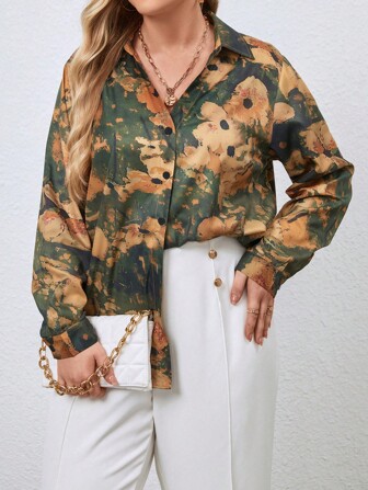 SHEIN Privé 大碼滿版印花前紐扣襯衫