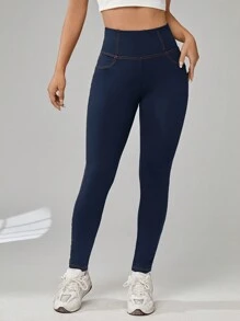 SHEIN Tall CURVE 大码女式拼接细节明线黑色针织宽腰带打底裤 深蓝色打底裤 非牛仔打底裤 带口袋打底裤 女式打底裤