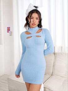 SHEIN MOD Vestido de punto ajustado con abertura de cuello alto - Celeste - Ver 4