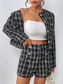 SHEIN Unity Plaid Print Button Front Jacket & Shorts - Black - View 3