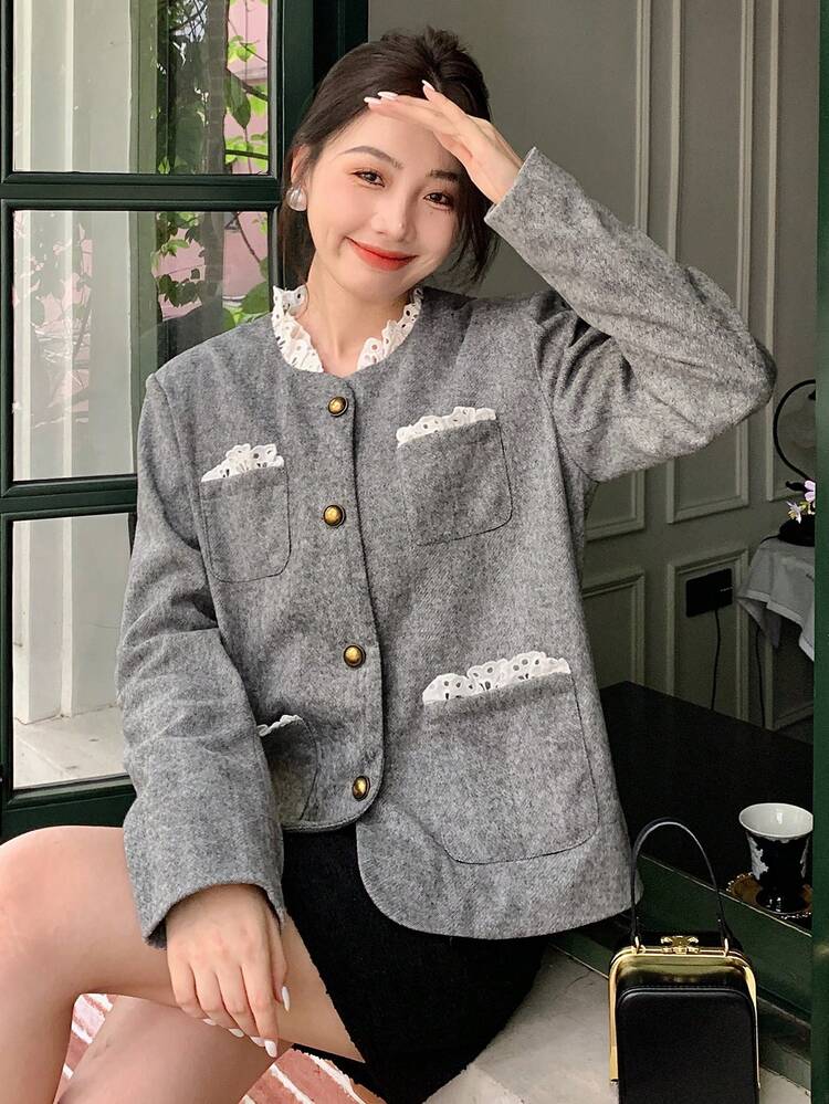 Contrast Schiffy Trim Button Front Overcoat,Fall Clothes Women Jacket