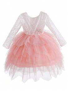 SHEIN Glamorique Kids 女小童蕾絲拼接貼花網紗邊派對禮服 - 粉色 - 查看 2