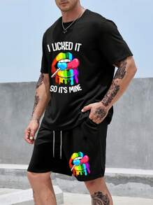 Manfinity LEGND Men Plus Slogan Graphic Tee & Drawstring Waist Shorts - Black - View 5